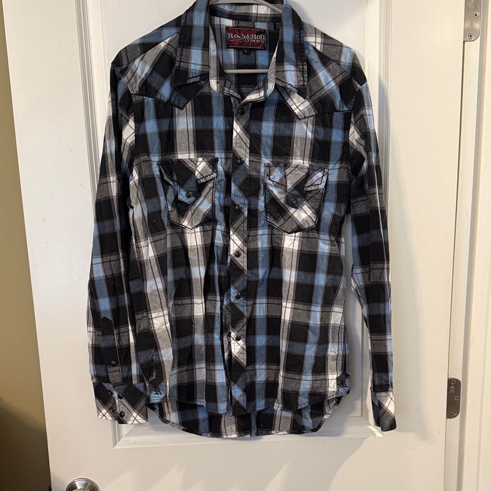 Rock & Roll Cowboy Men's plaid pearl snap western shirt pick stitch chain L